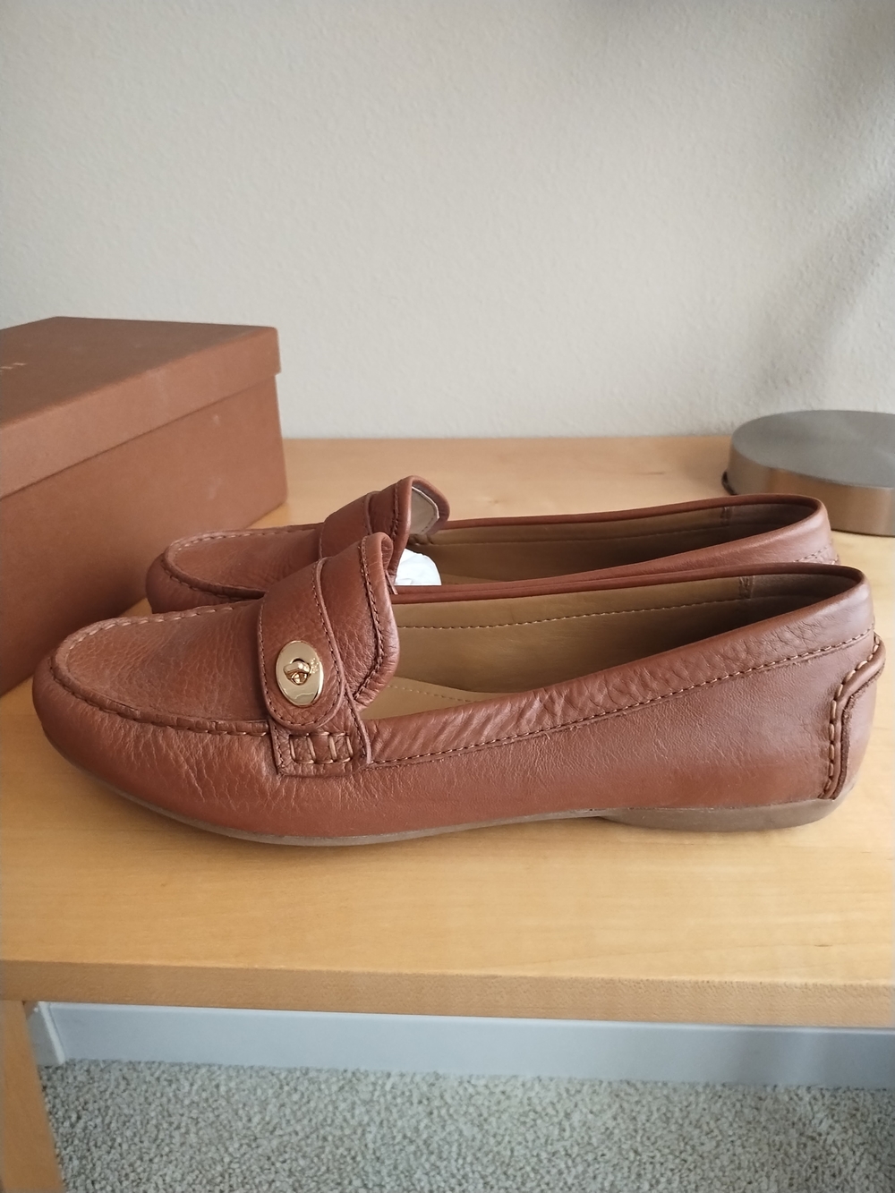 Coach Saddle Brown Leather Loafers with Gold-Tone Accent - Picture 2 of 9